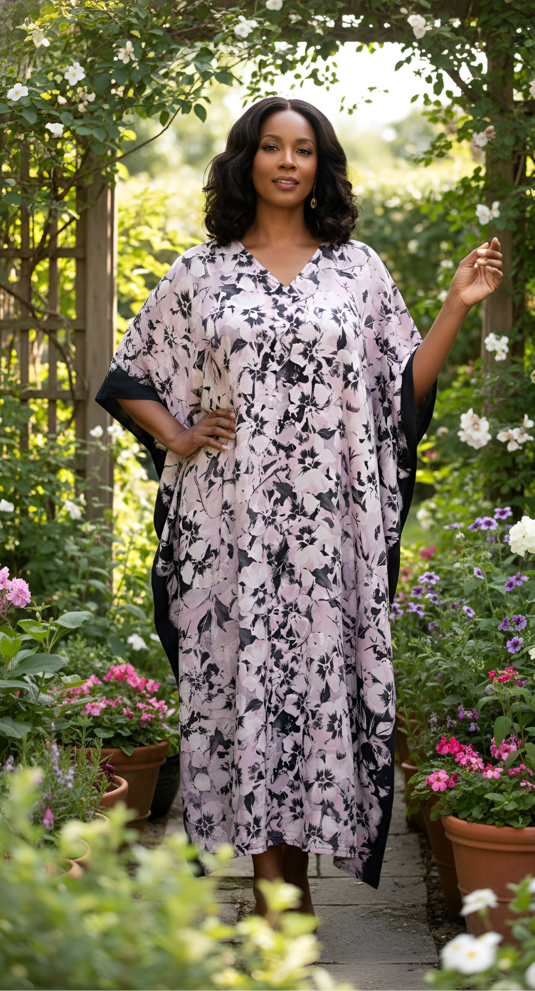 Floral Printed Black Polyester Kaftan Plus Size Dress For Women