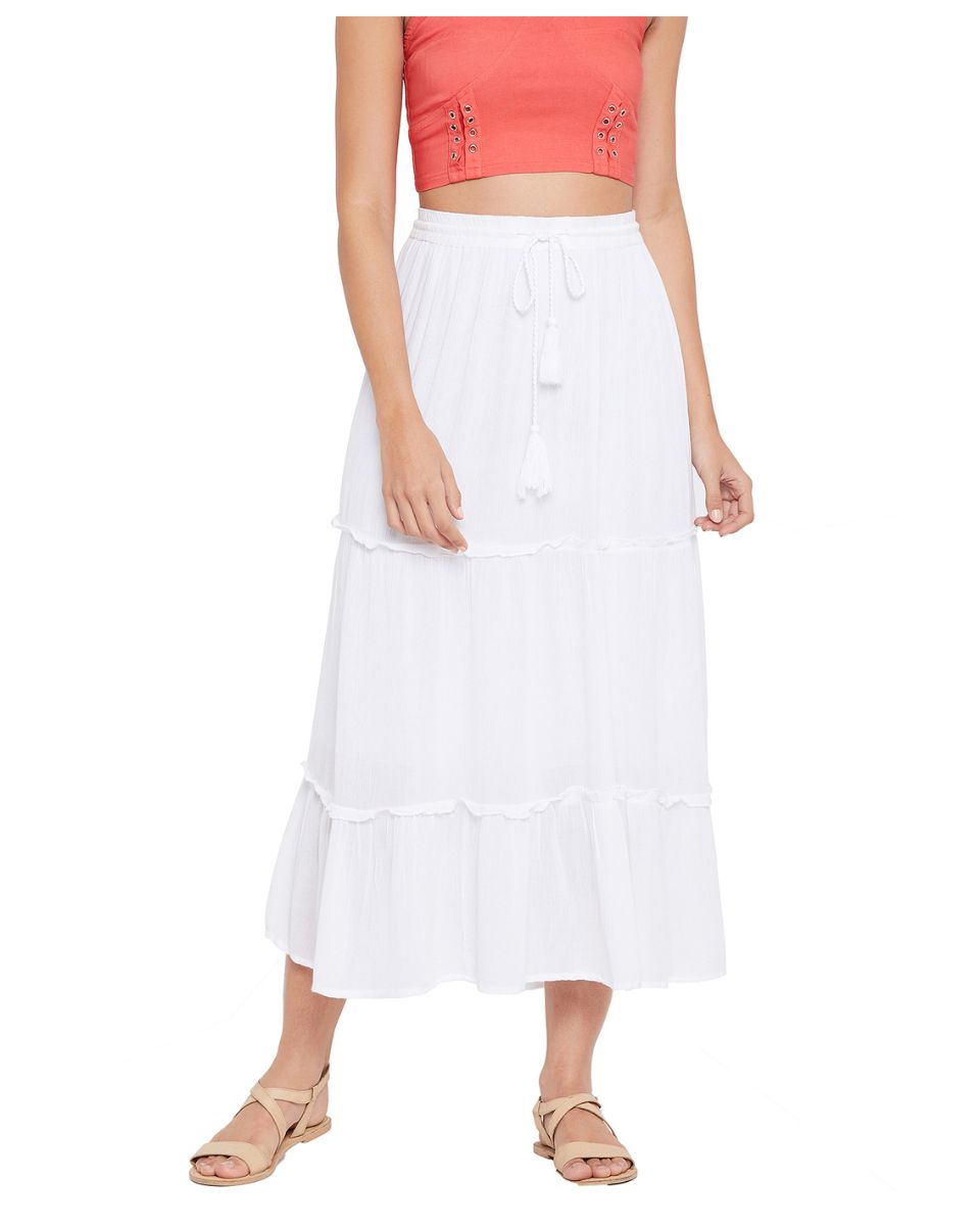 Solid White Rayon Casual Long Skirt For Women