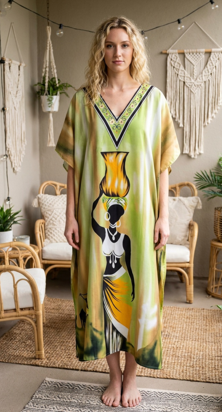 Lime Green Tribal Polyester Women Plus Size Kaftan Festival Dress