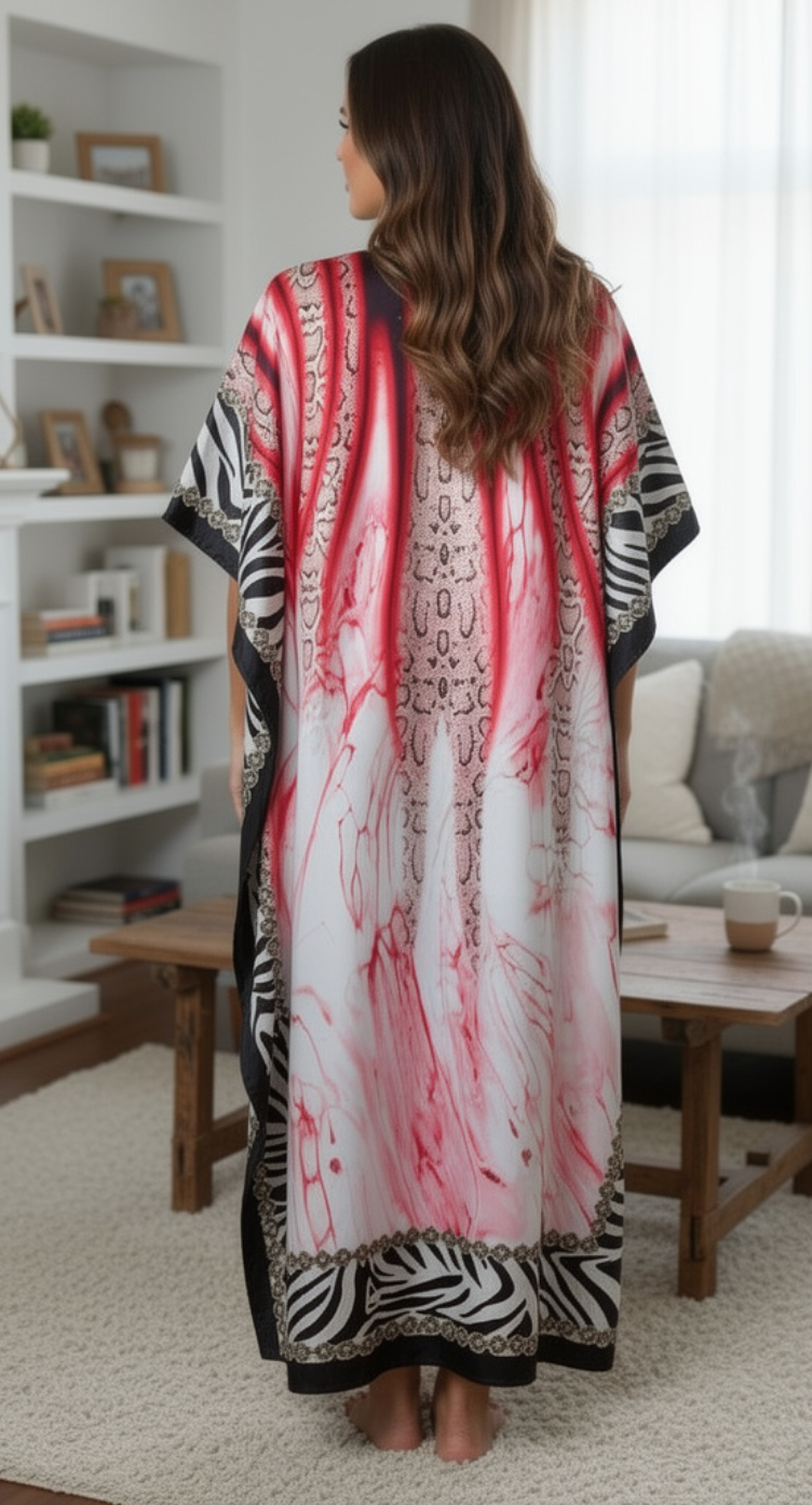 Red Ornamental Print Satin Women Plus Size kaftan Dress