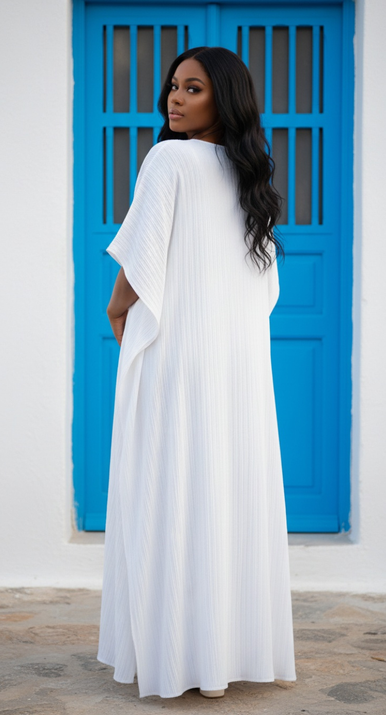 White Pleated Maxi Dress Women V-Neck Kaftan Plus Size Loose Fit Beach Caftan