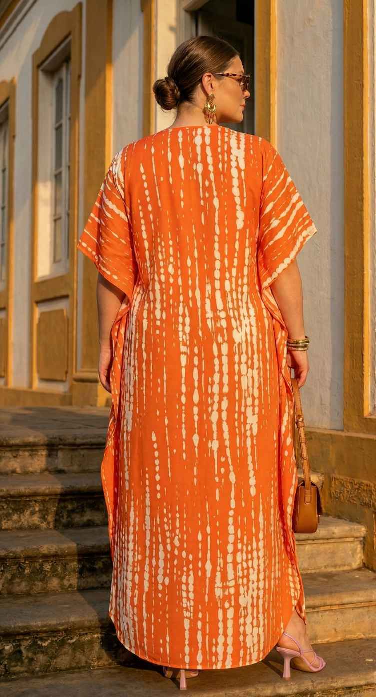 Orange Tie Dye Polyester Women Plus Size Kaftan Vacation Dress 1X-3X