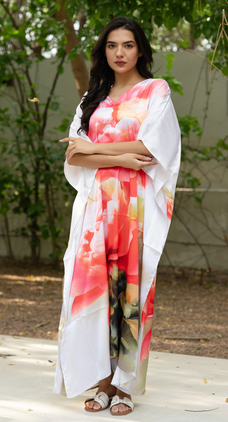 Floral White Satin Silk Women Plus Size Caftan Loungewear Dress