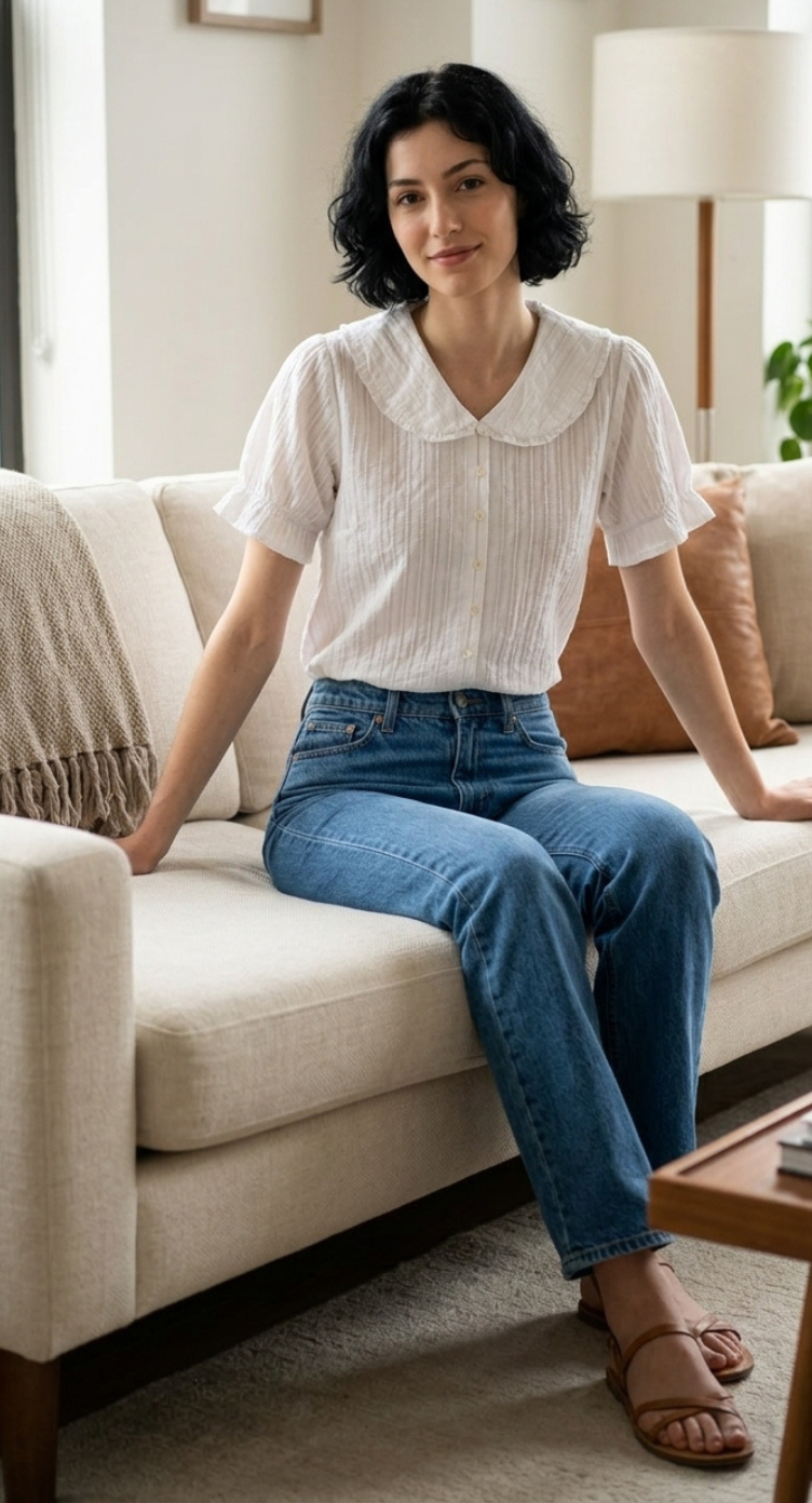 White Cotton Peter Pan Collar Puff Sleeve Women Top Button Down Blouse