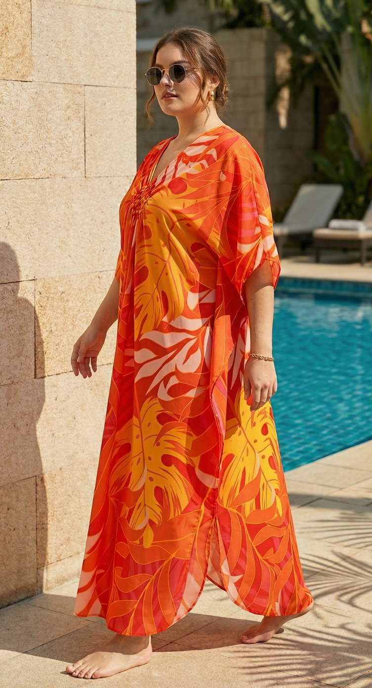 Orange Tropical Polyester Women Plus Size Kaftan Festival Dress