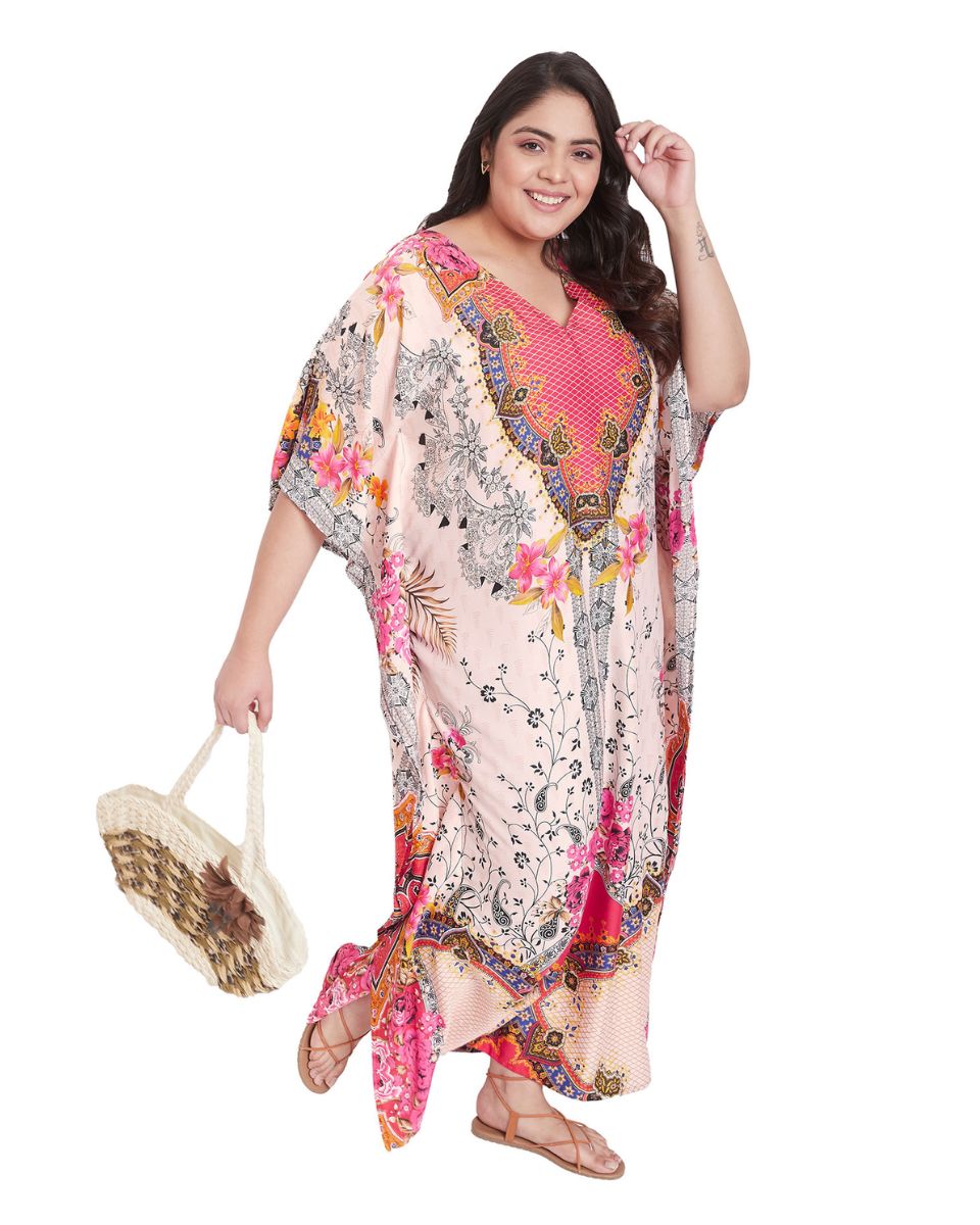 Floral Printed Pink Polyester Plus Size Kaftan Dress For Women
