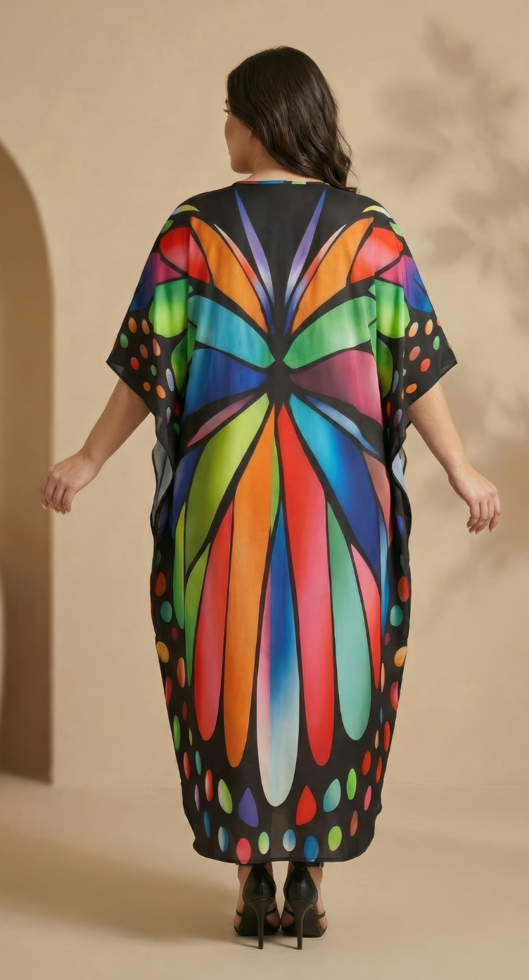 Multicolor Butterfly Polyester Women Plus Size Kaftan Summer Dress