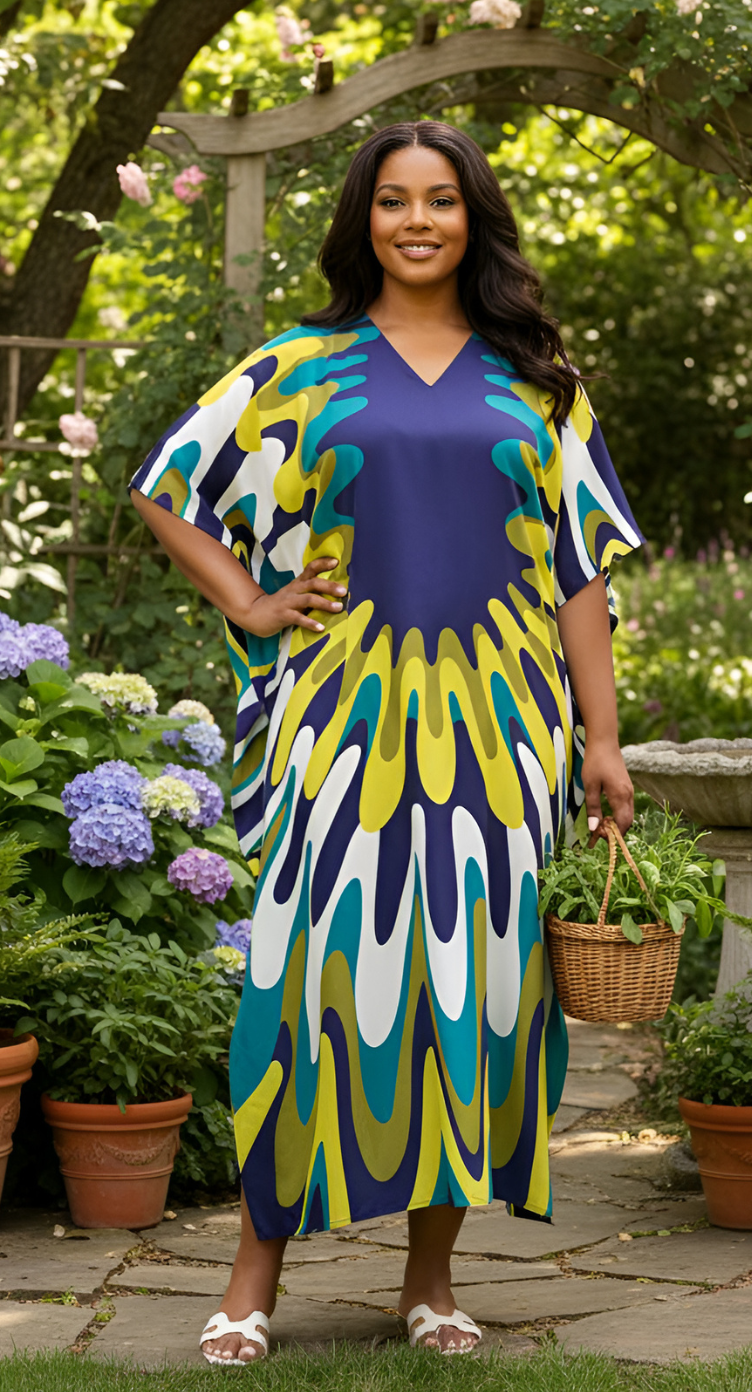 Navy Blue Polyester Women Plus Size Kaftan Long Dress