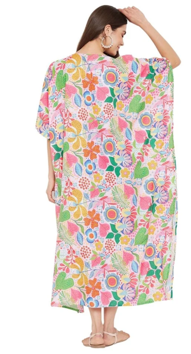 White Ditsy-Bouquet Floral Doodle Polyester Plus Size Kaftan for Women 1X-3X 3/4 Sleeve | GypsieBlu