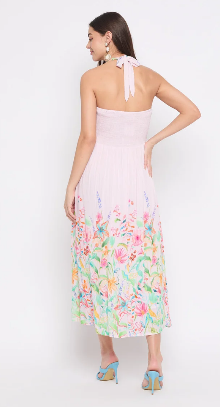 Pink Floral Rayon Midi Dress for Women S-XL Sleeveless Halter Neck | GypsieBlu