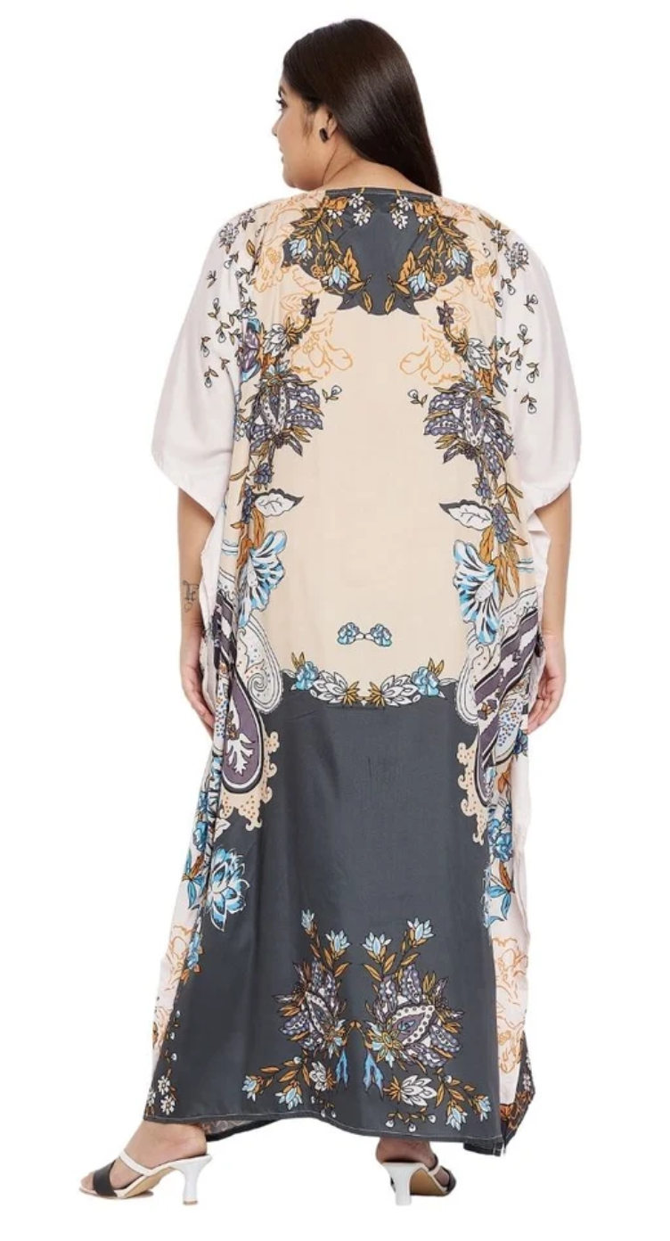 Gray Botanical Paisley Polyester Plus Size Kaftan for Women 1X-3X | GypsieBlu