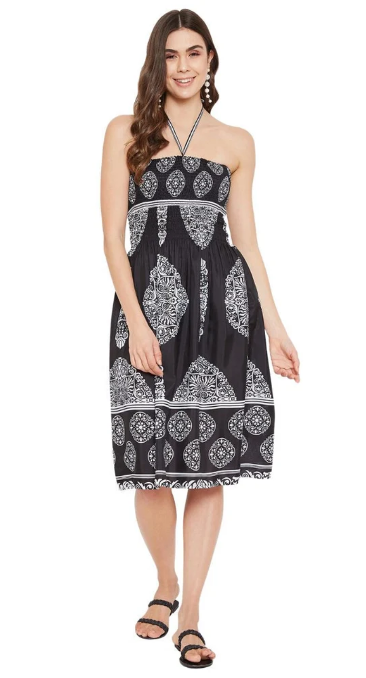 Tribal Printed Black Polyester Tube Dress for Women S-XL Sleeveless Halter Neck | GypsieBlu