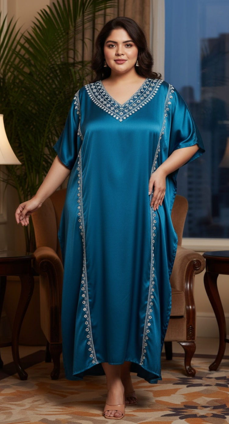 Satin Corsair Blue Embroidery Kaftan For Plus Size Women
