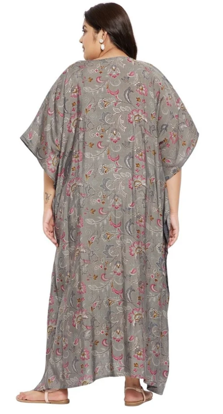 GypsieBlu Gray Plus Size Cotton Kaftan Dress for Women Kimono Sleeve 1X-3X