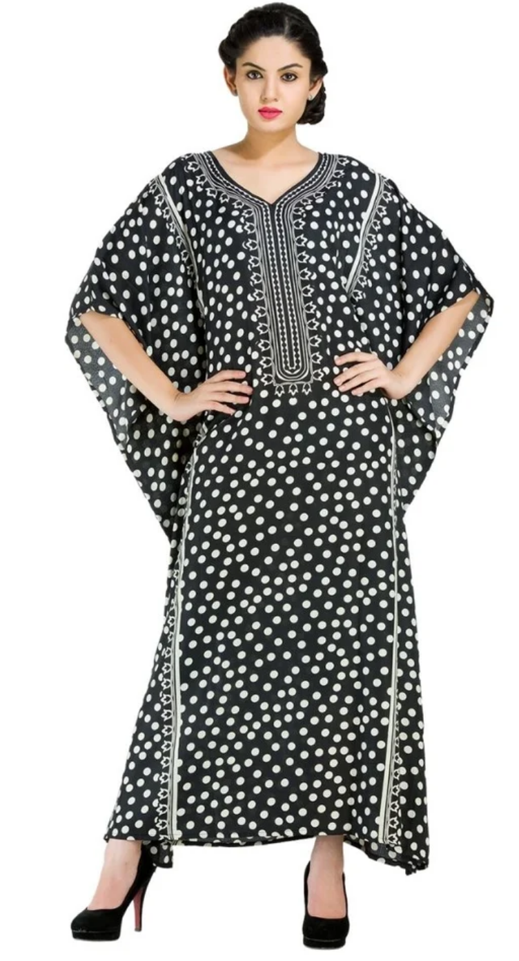 Black Polka Dot Polyester Plus Size Kaftan for Women 1X-3X | GypsieBlu