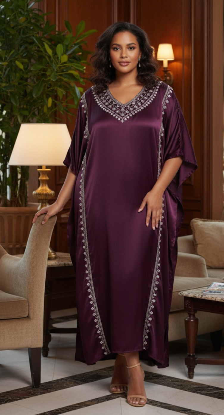 Wine Satin Women Plus Size Kaftan Dress With Embroidery