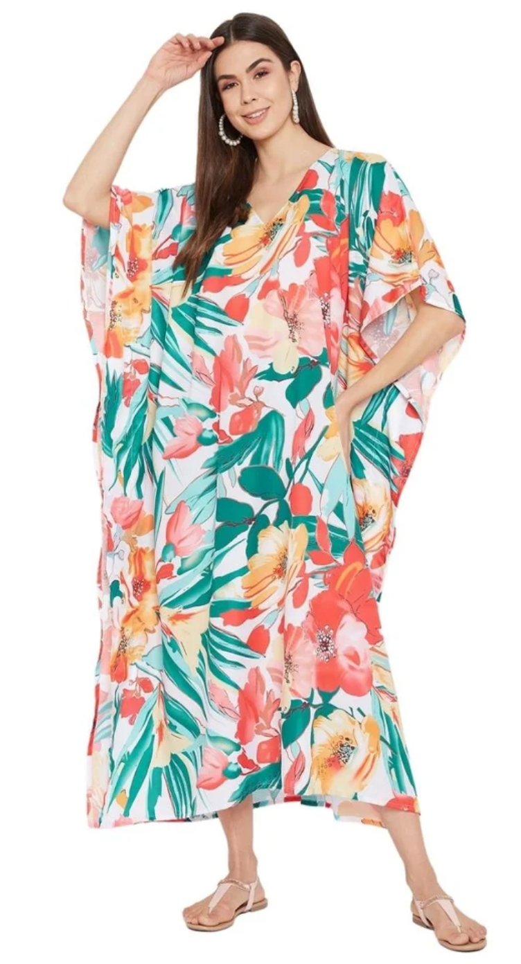 Multicolor Tropical Floral Polyester Plus Size Kaftan for Women 1X-3X | GypsieBlu