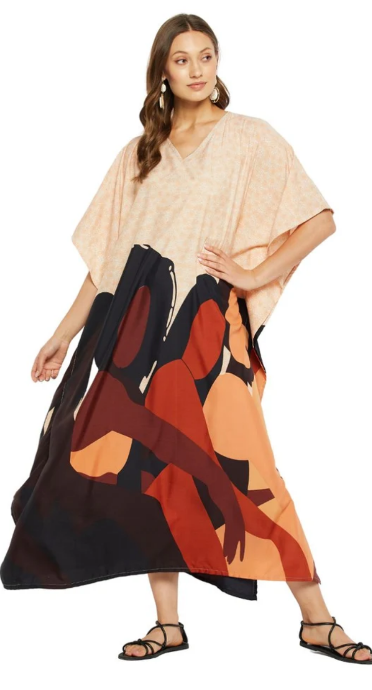 Beige Block Polyester Plus Size Kaftan for Women 1X-3X | GypsieBlu