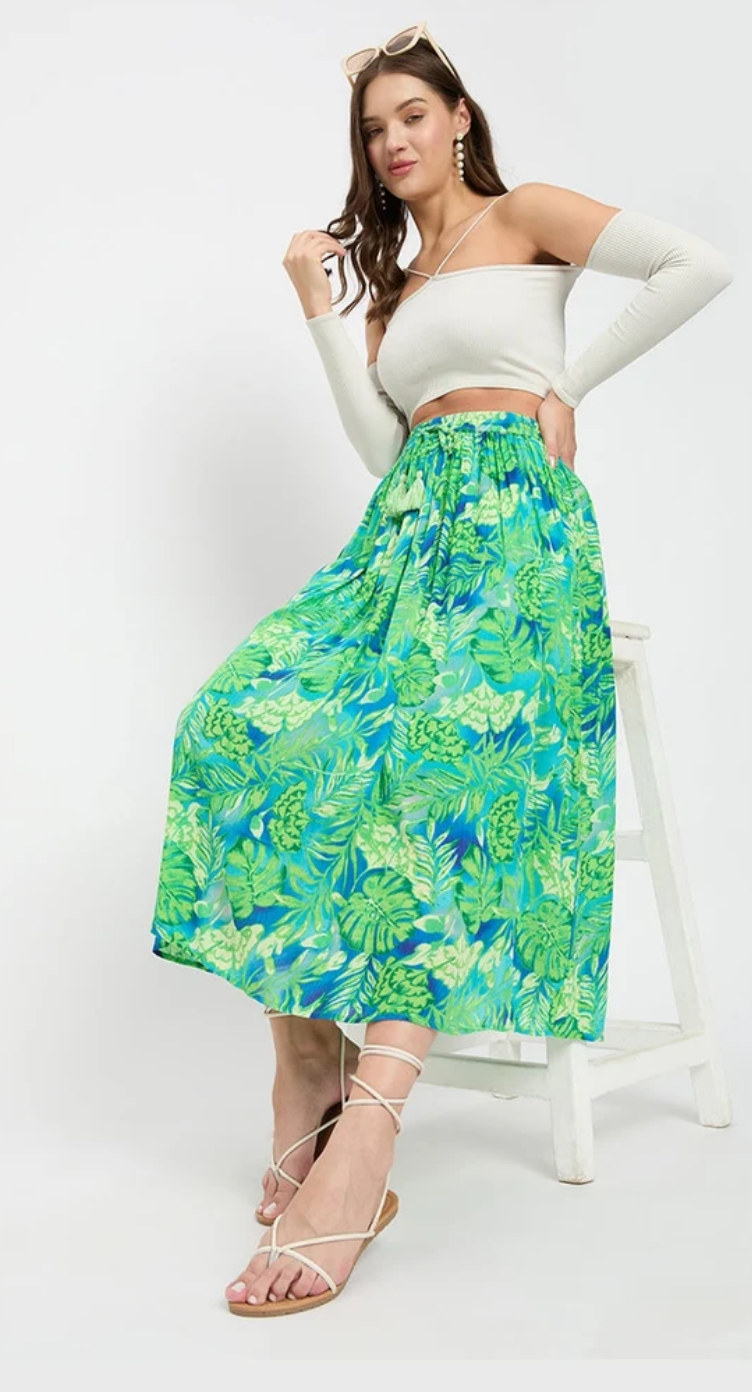 Green Tropical Floral Rayon Skirt for Women S-XL | GypsieBlu