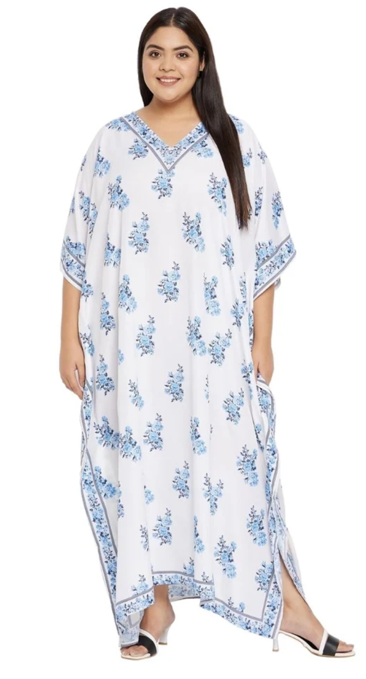 Floral Blue Ditsy Polyester Plus Size Kaftan for Women 1X-3X | GypsieBlu