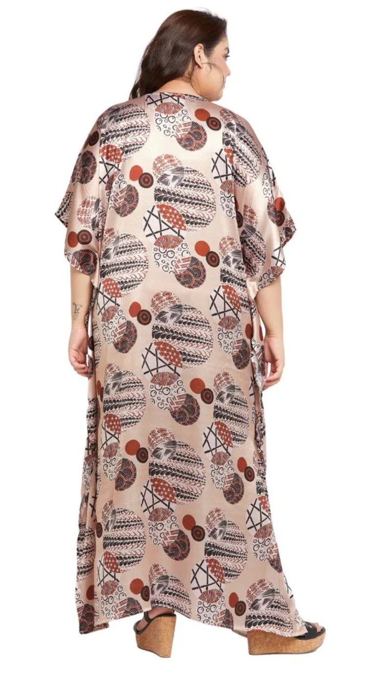 Beige Pebble-Print Geometric Satin Plus Size Kaftan Dress for Women 1X-3X V Neck | GypsieBlu
