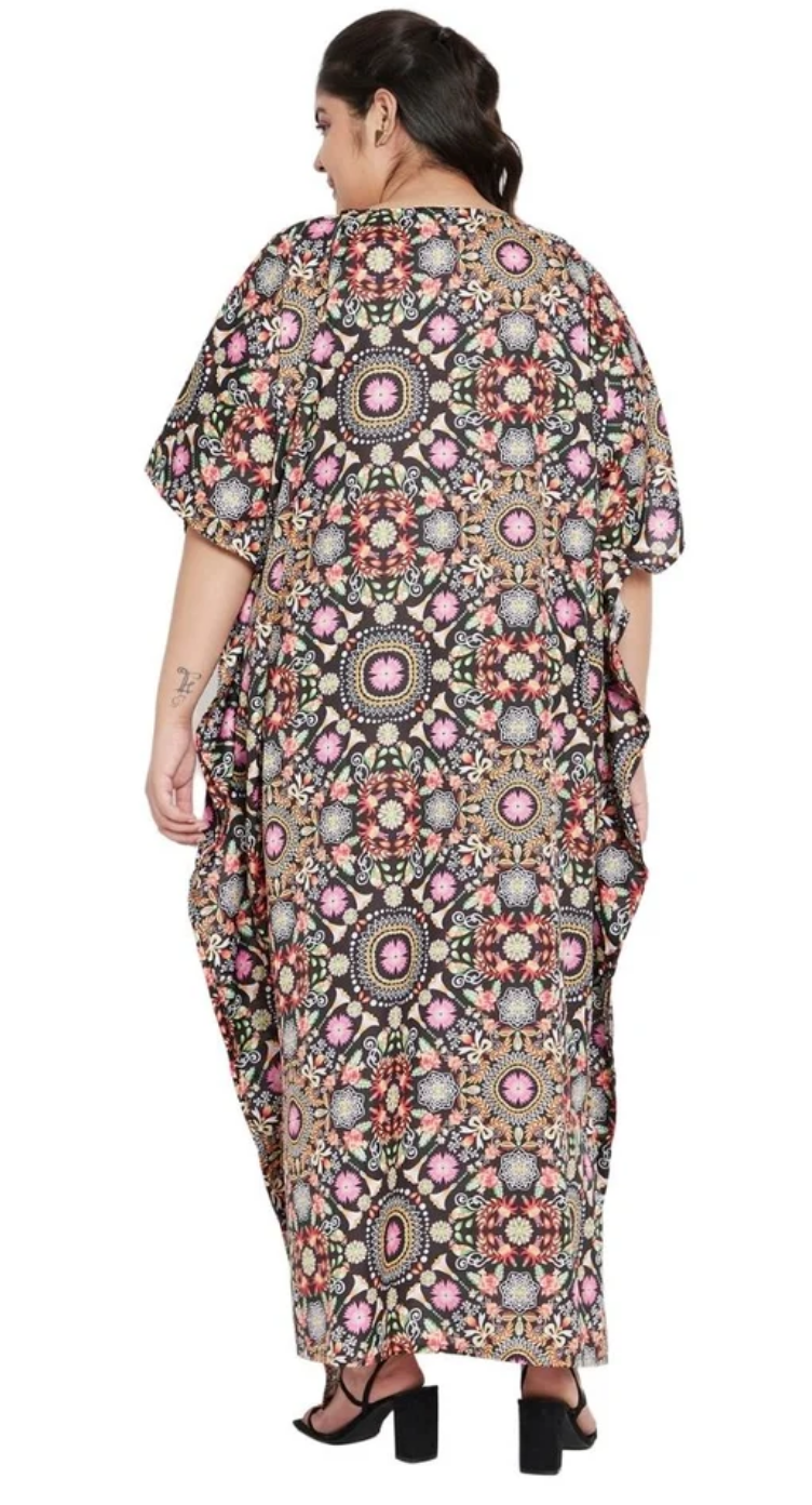 Multicolor Floral Medallion Kaleidoscope Polyester Plus Size Kaftan for Women 1X-3X | GypsieBlu