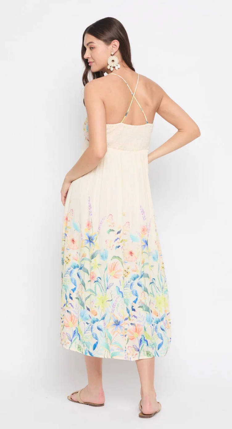 White Floral Rayon Midi Dress for Women S-XL Sleeveless | GypsieBlu