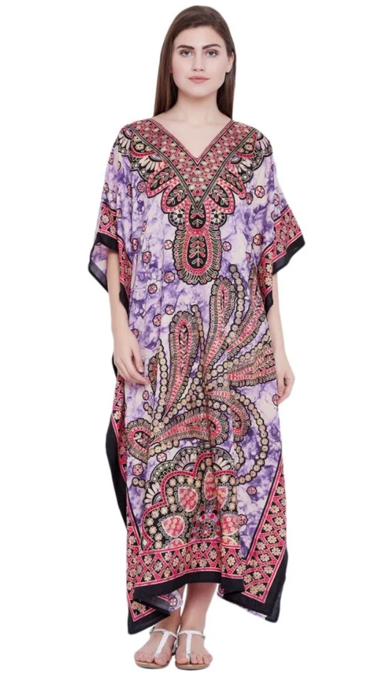 Purple Paisley Peacock Polyester Plus Size Kaftan for Women 1X-3X | GypsieBlu