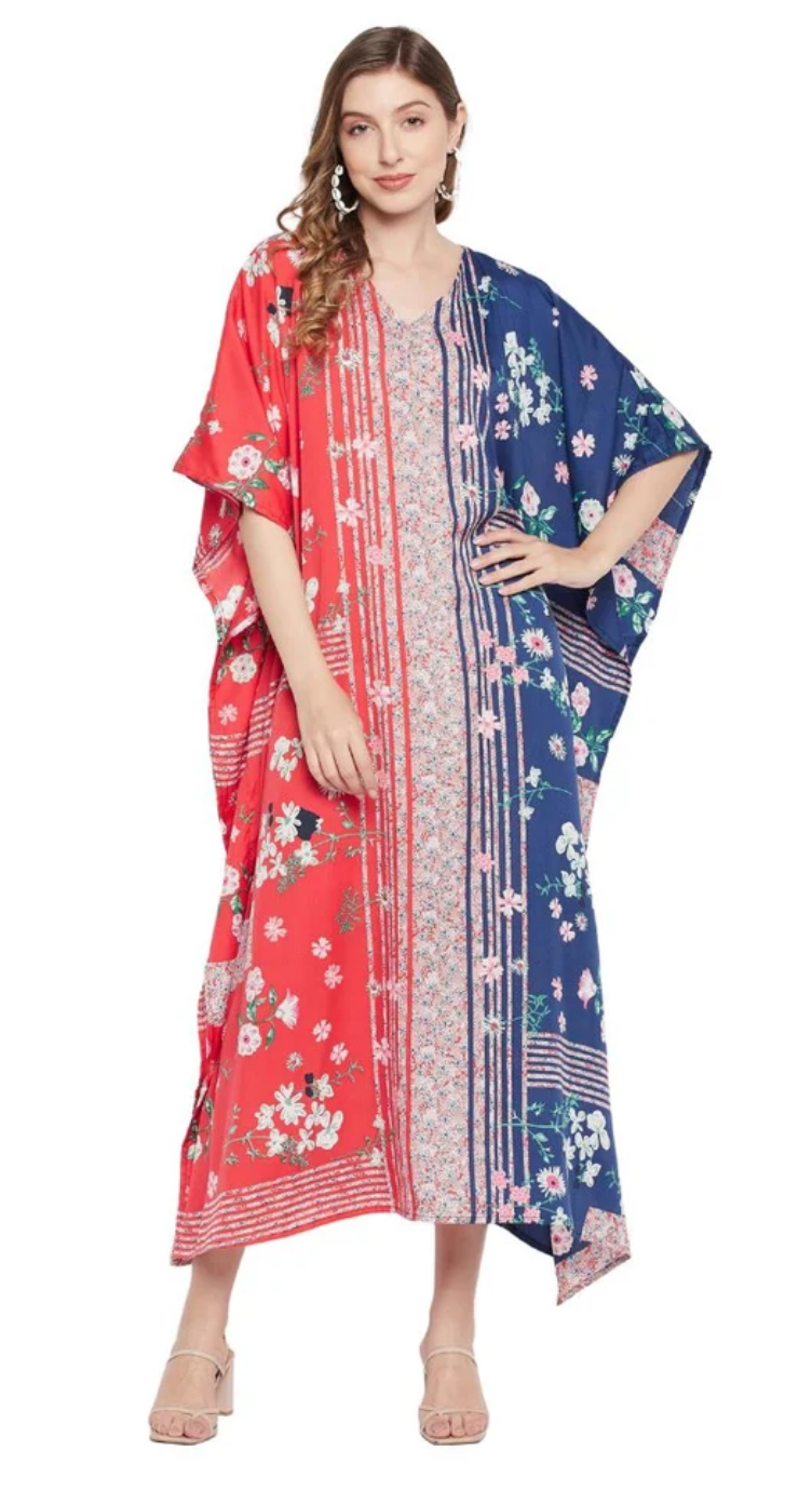 Red Floral Pinstripe Polyester Plus Size Kaftan for Women 1X-3X | GypsieBlu
