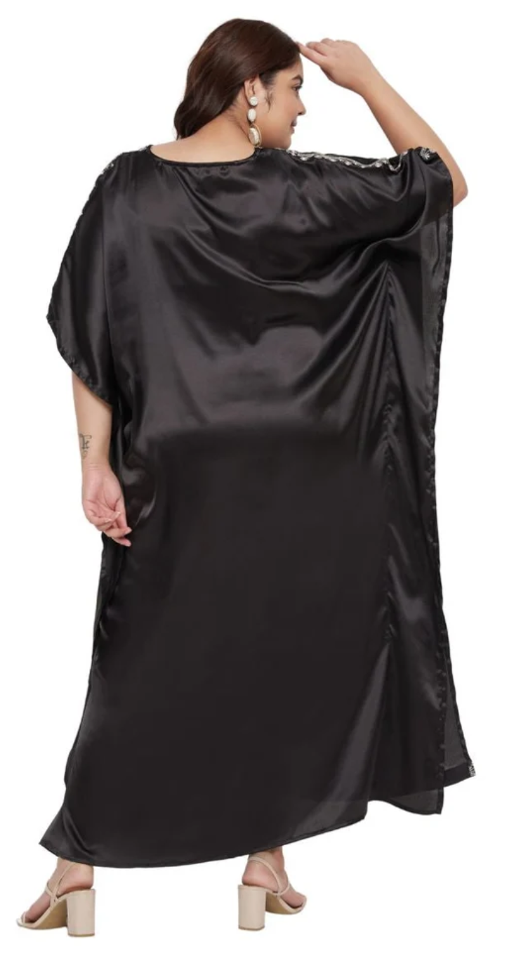 Black Embroidered Shoulder-Trim Satin Plus Size Kaftan Dress for Women 1X-3X V Neck | GypsieBlu