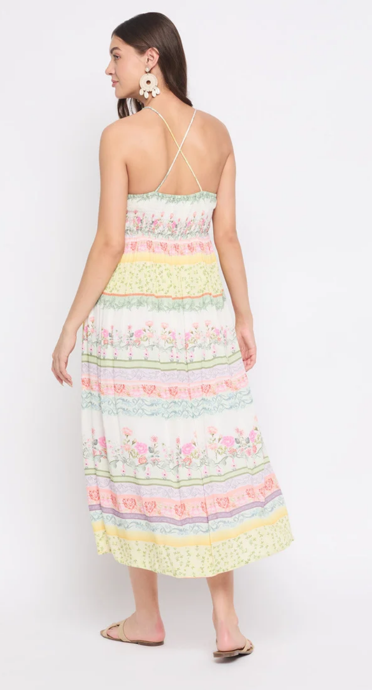 White Floral Rayon Midi Dress for Women S-XL Spaghetti Strap | GypsieBlu