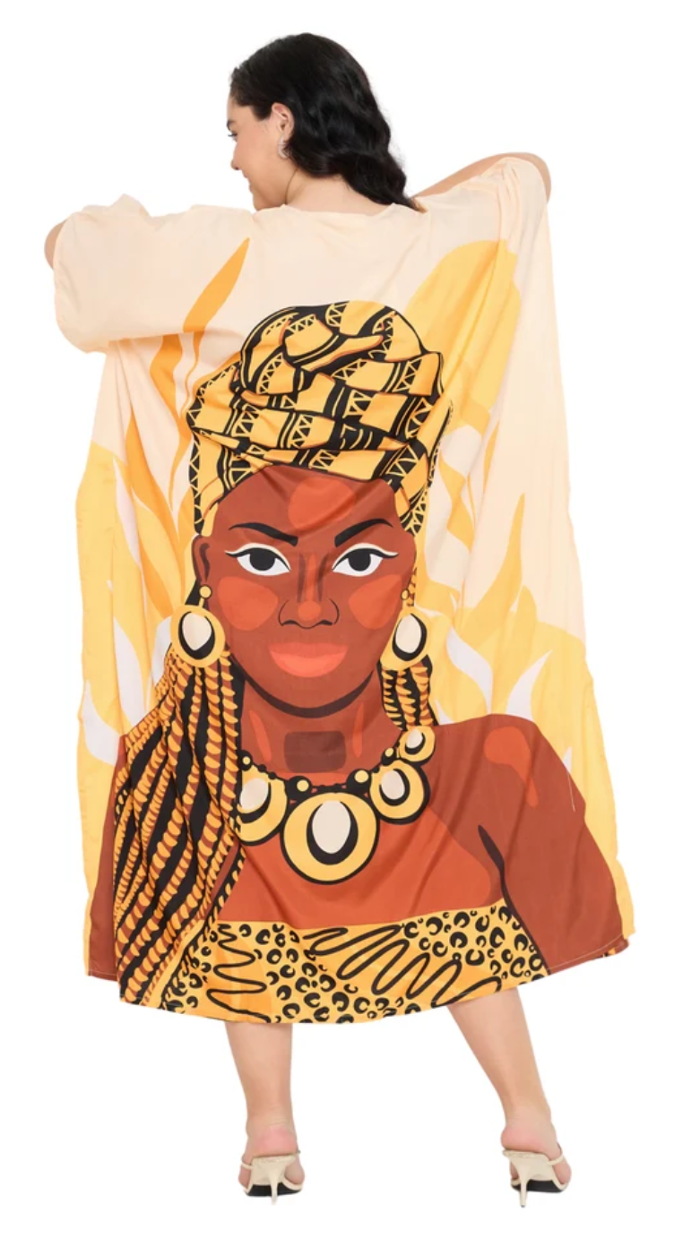 Yellow African Woman Portrait Graphic Polyester Plus Size Kaftan for Women 1X-3X V Neck | GypsieBlu