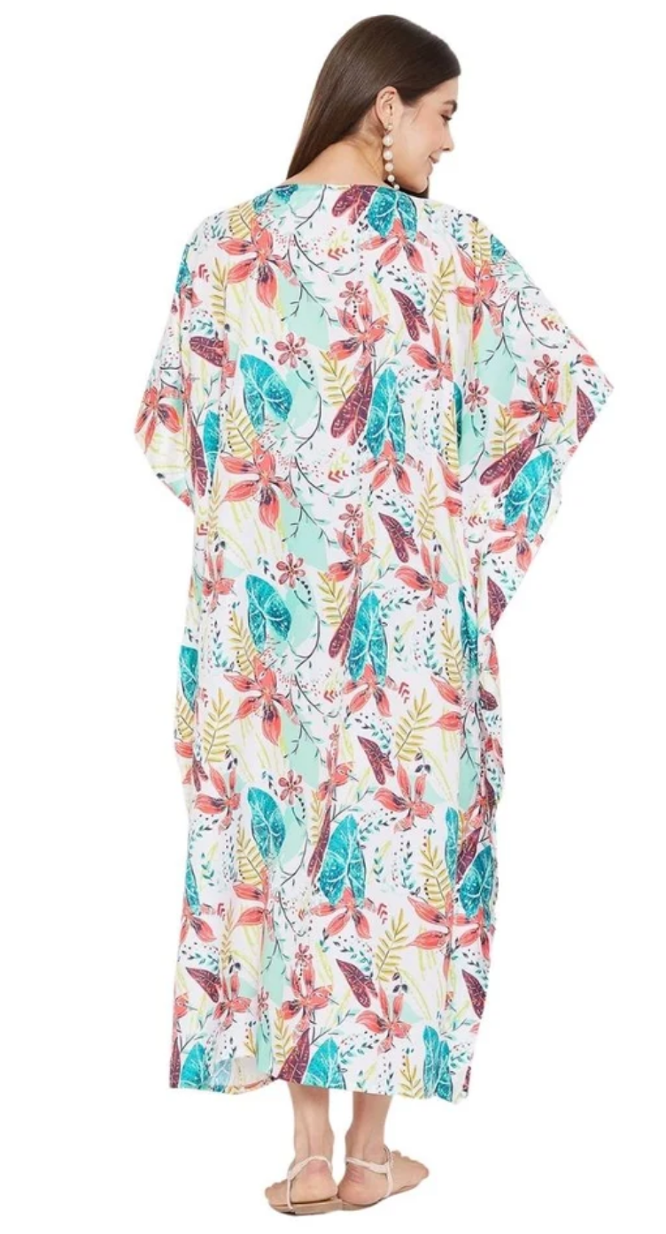 White Floral Tropical Polyester Plus Size Kaftan for Women 1X-3X 3/4 Sleeve | GypsieBlu