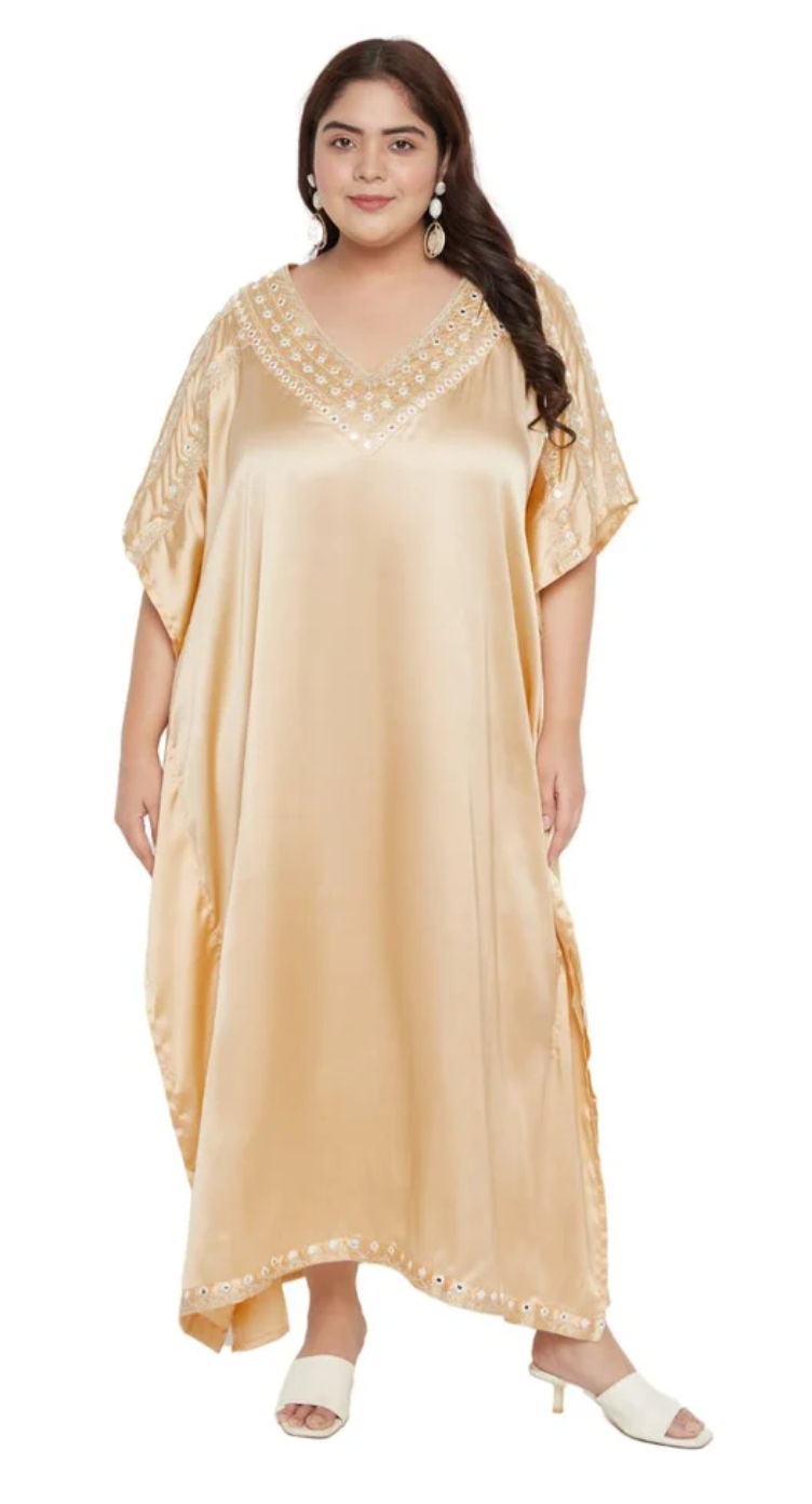 Beige Embroidered Satin Plus Size Kaftan Dress for Women 1X-3X V Neck | GypsieBlu