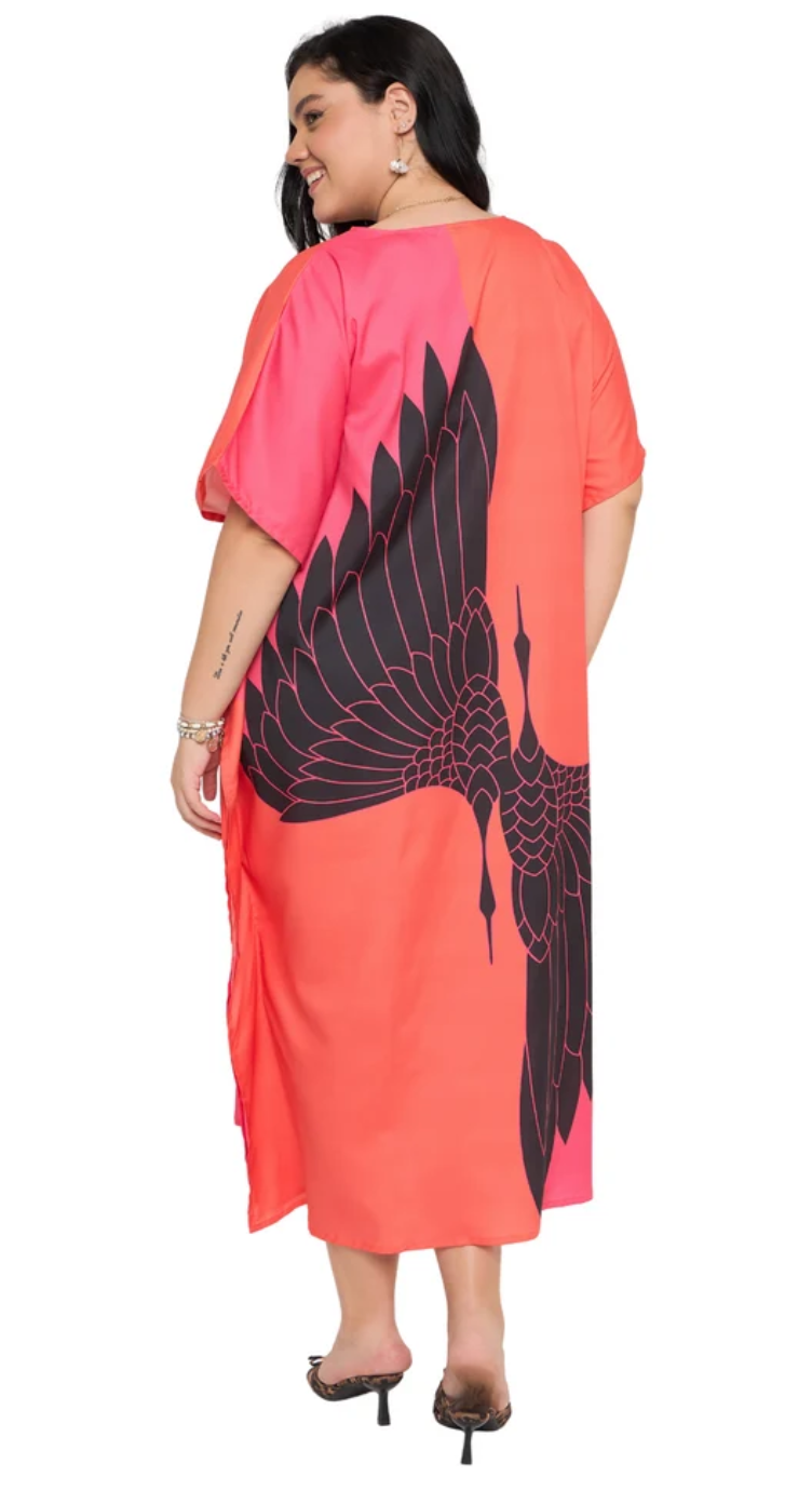 Red Crane Silhouette Polyester Plus Size Kaftan for Women 1X-3X | GypsieBlu
