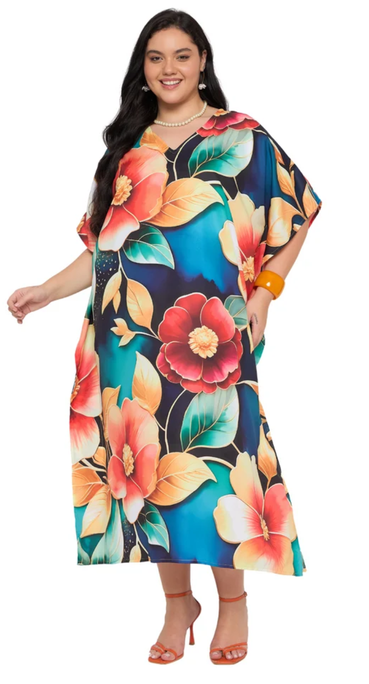 Navy Blue Tropical Bloom Polyester Plus Size Kaftan for Women 1X-3X | GypsieBlu