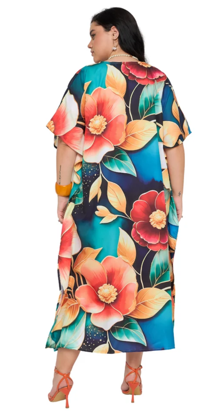 Navy Blue Tropical Bloom Polyester Plus Size Kaftan for Women 1X-3X | GypsieBlu
