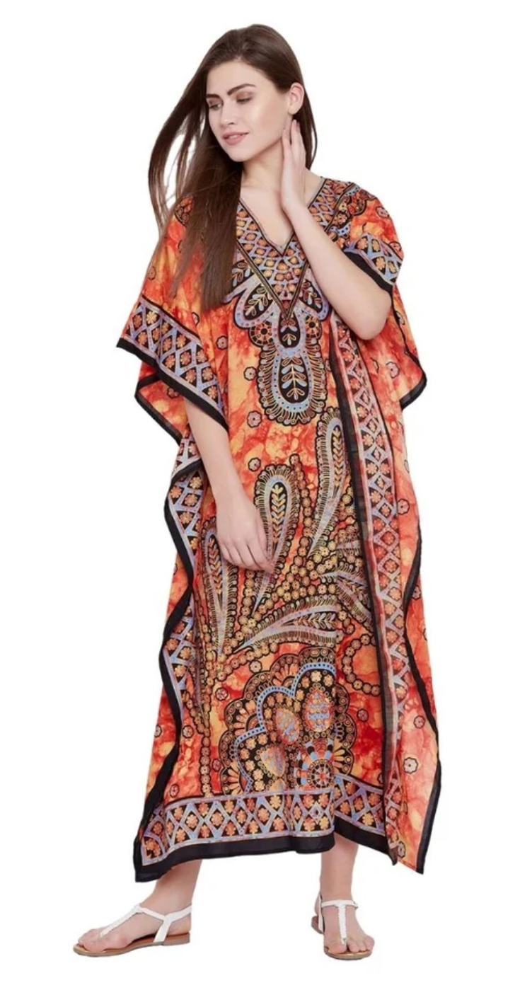 Orange Paisley Feather Polyester Plus Size Kaftan for Women 1X-3X | GypsieBlu