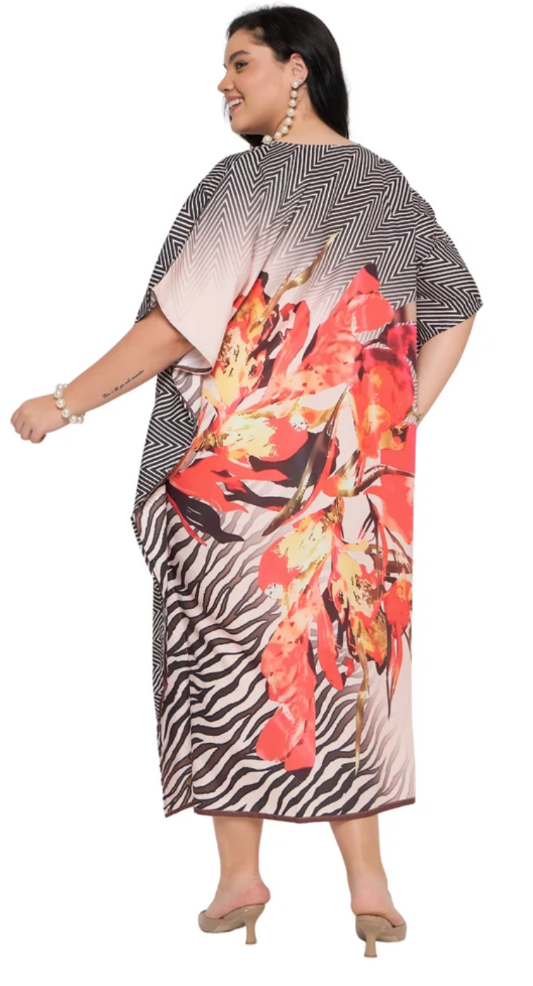 GypsieBlu Black & Orange Polyester Plus Size Kaftan for Women Kimono Sleeve 1X-3X - Zebra Stripe Floral Border Print
