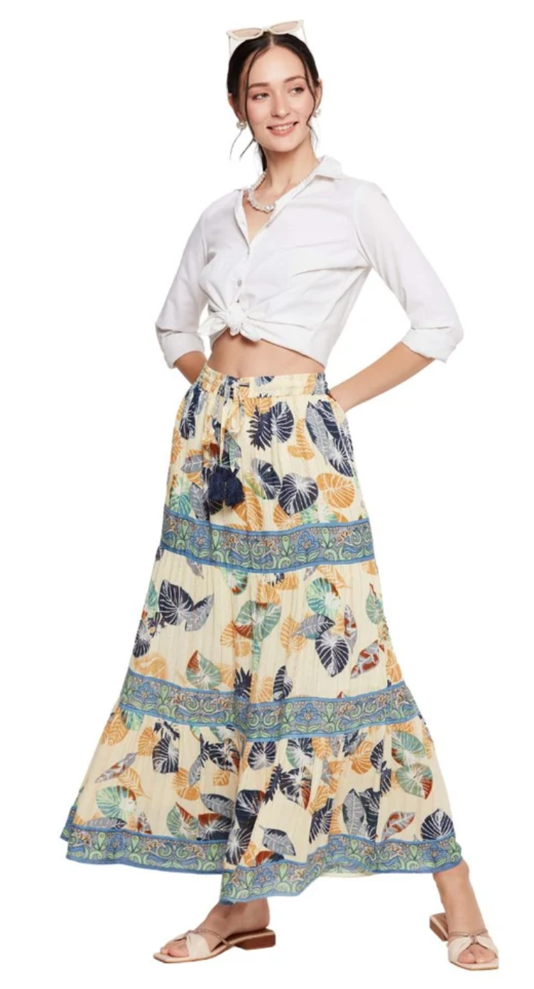 Ivory Multicolor Tropical Leaf Rayon Skirt for Women S-XL | GypsieBlu