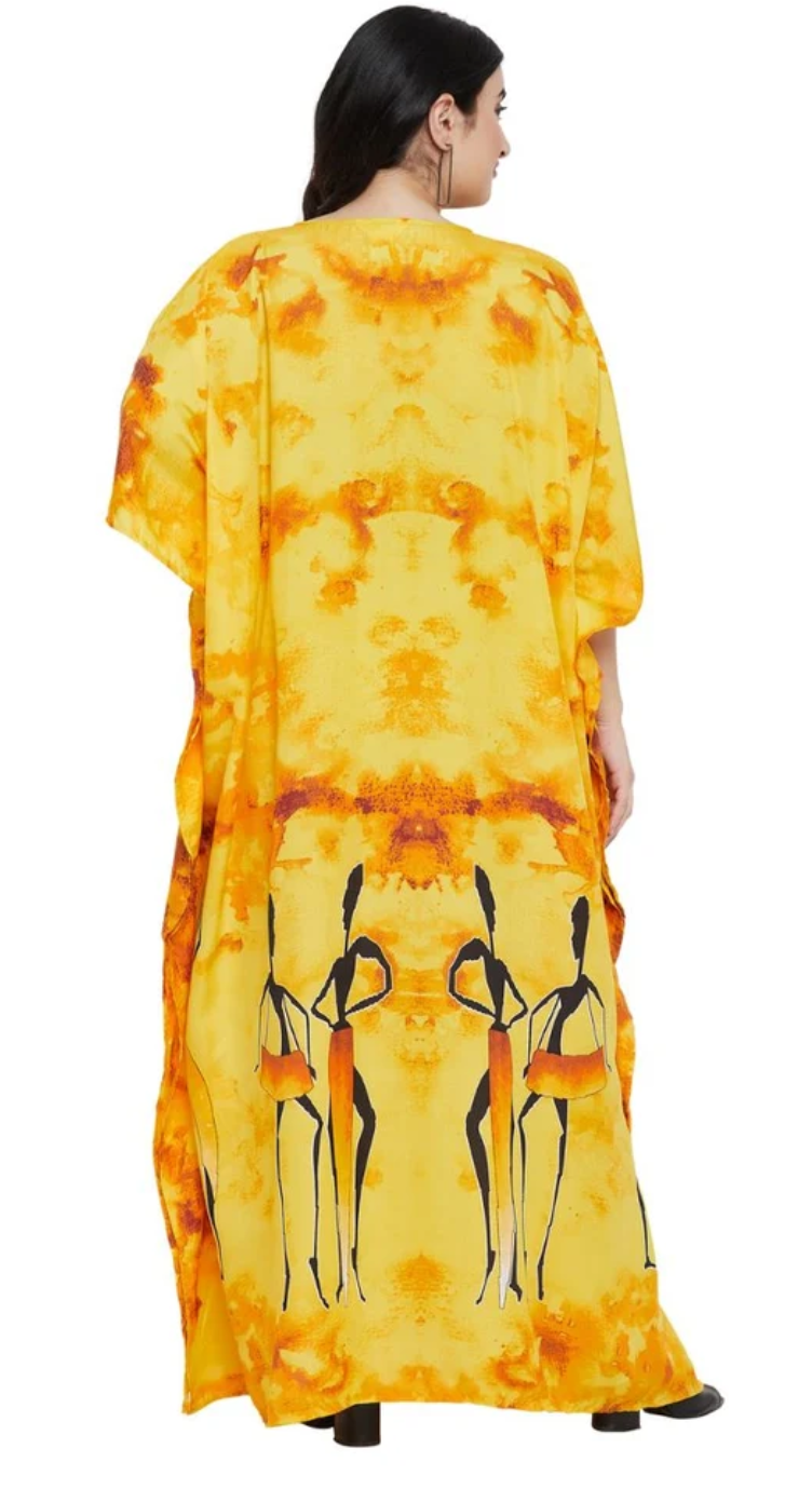 Yellow Mandala Starburst Polyester Plus Size Kaftan for Women 1X-3X | GypsieBlu
