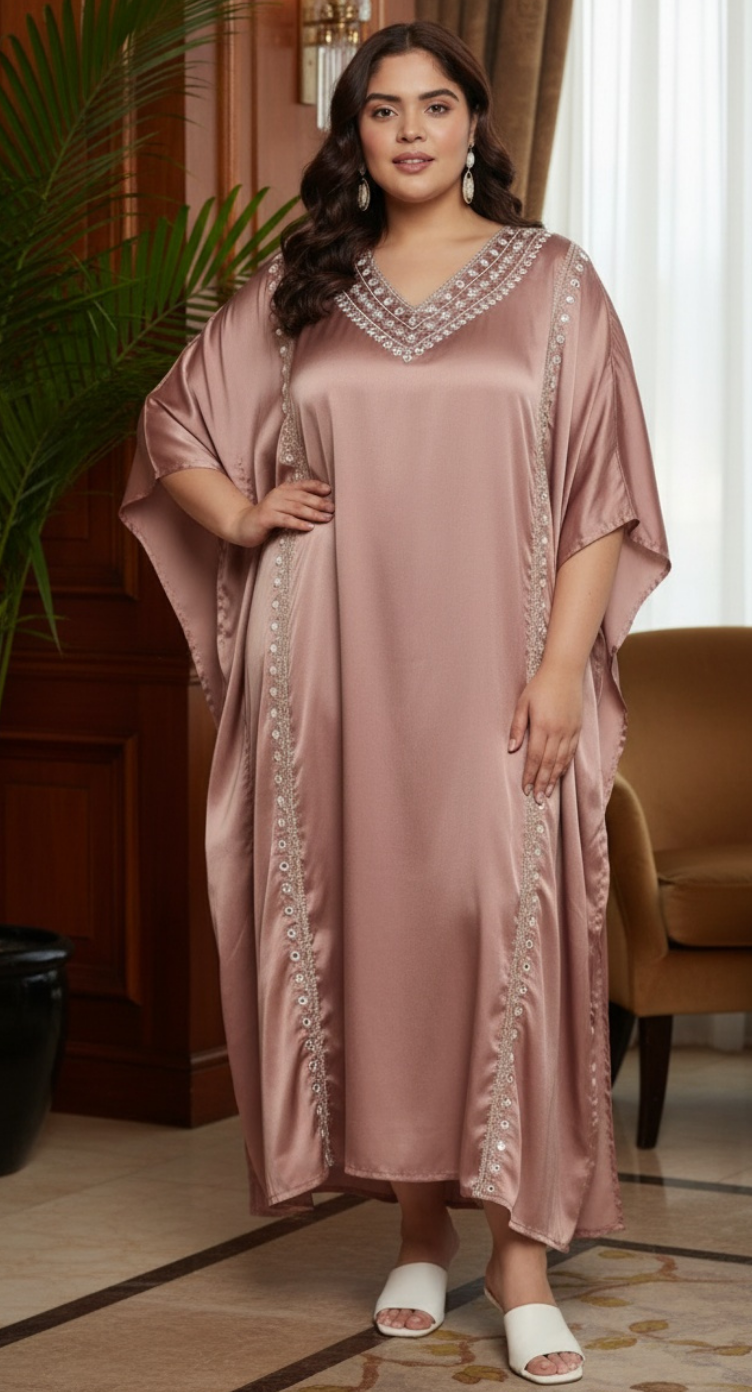 Light Brown Embroidery Satin Kaftan Dress For Plus Size Women