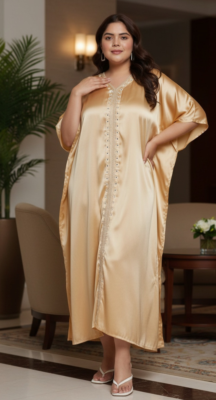 Embroidery Lace Apricot Tan Satin Kaftan for Plus Size Women