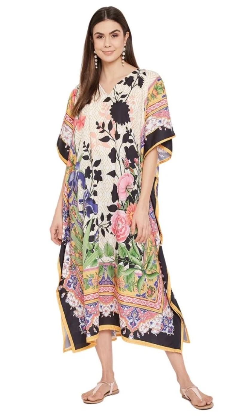 Cream & Black Floral Scarf Polyester Plus Size Kaftan for Women 1X-3X 3/4 Sleeve | GypsieBlu