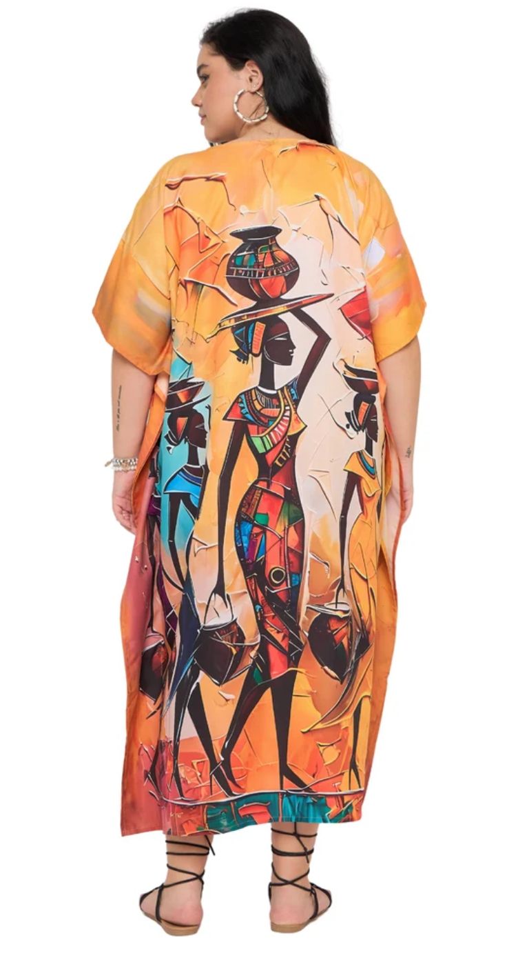 Orange African-Figures Abstract Cubist Polyester Plus Size Kaftan for Women 1X-3X | GypsieBlu
