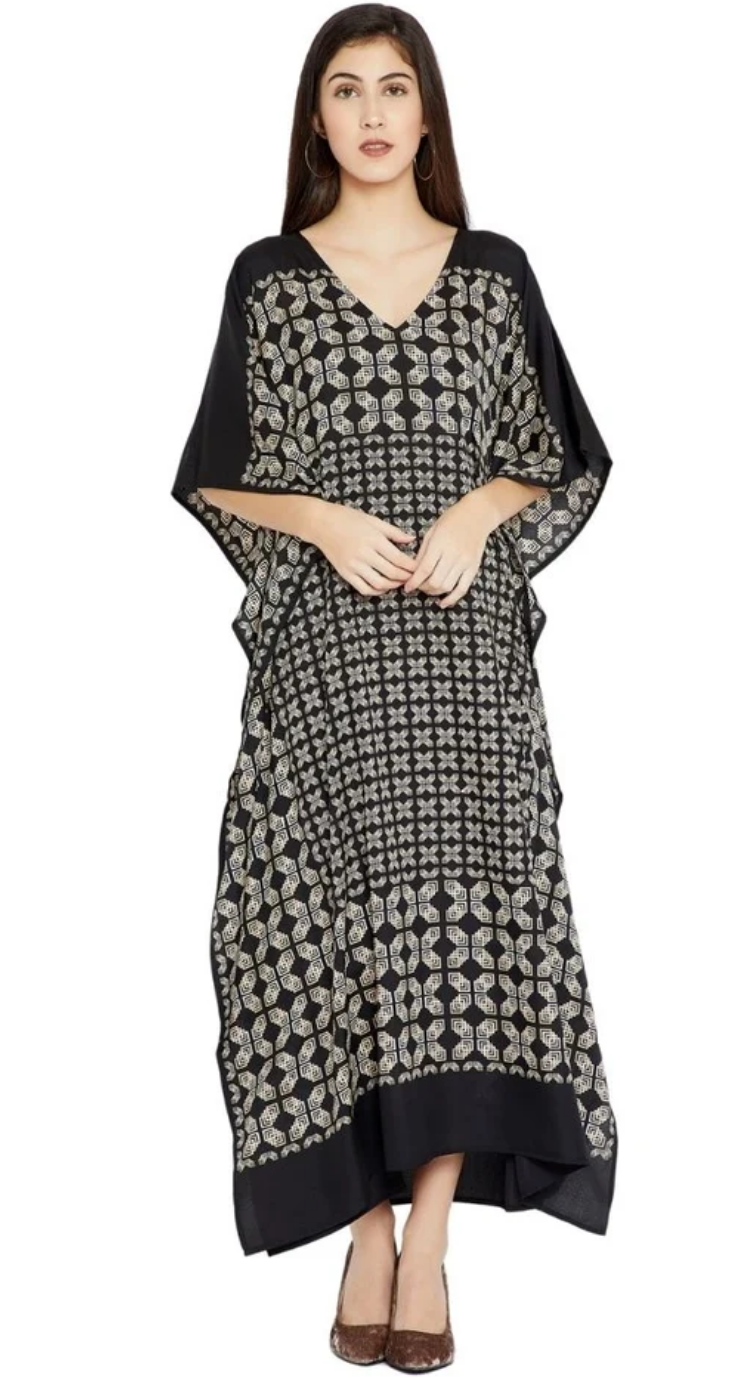 Gray Geometric Floral Polyester Plus Size Kaftan for Women 1X-3X | GypsieBlu