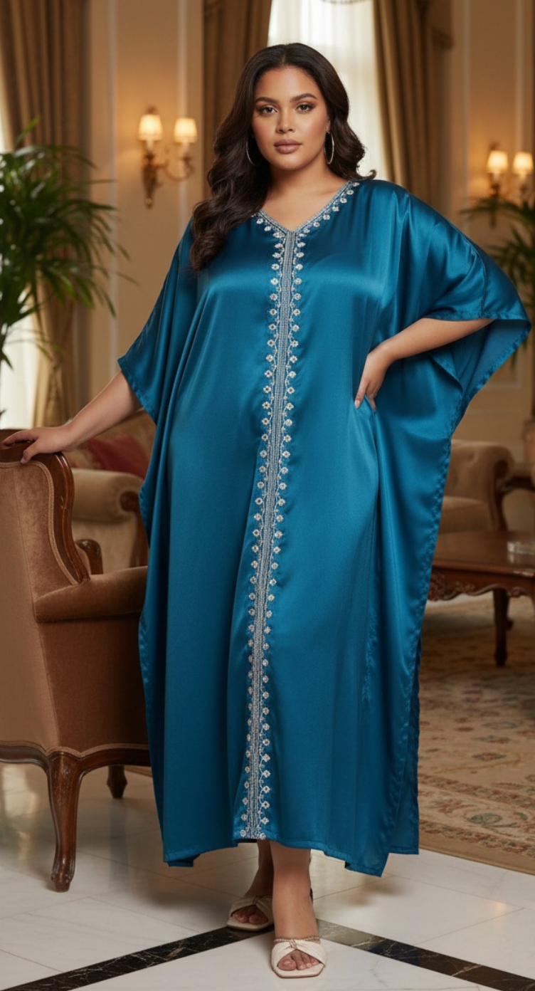 Corsair Blue Satin Plus Size Embroidery Caftan Dress for Women