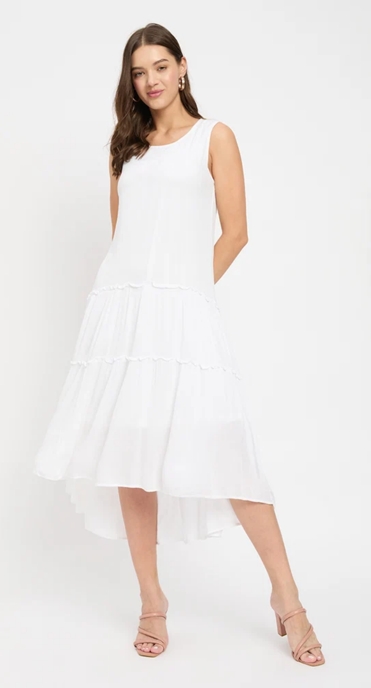 White Rayon Midi Dress for Women S-XL Sleeveless Round Neck | GypsieBlu