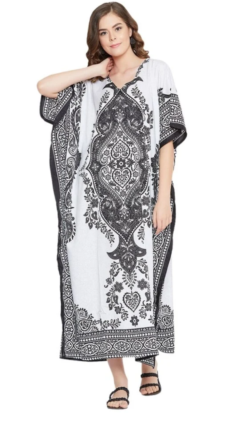 Black & White Paisley Medallion Polyester Plus Size Kaftan for Women 1X-3X | GypsieBlu