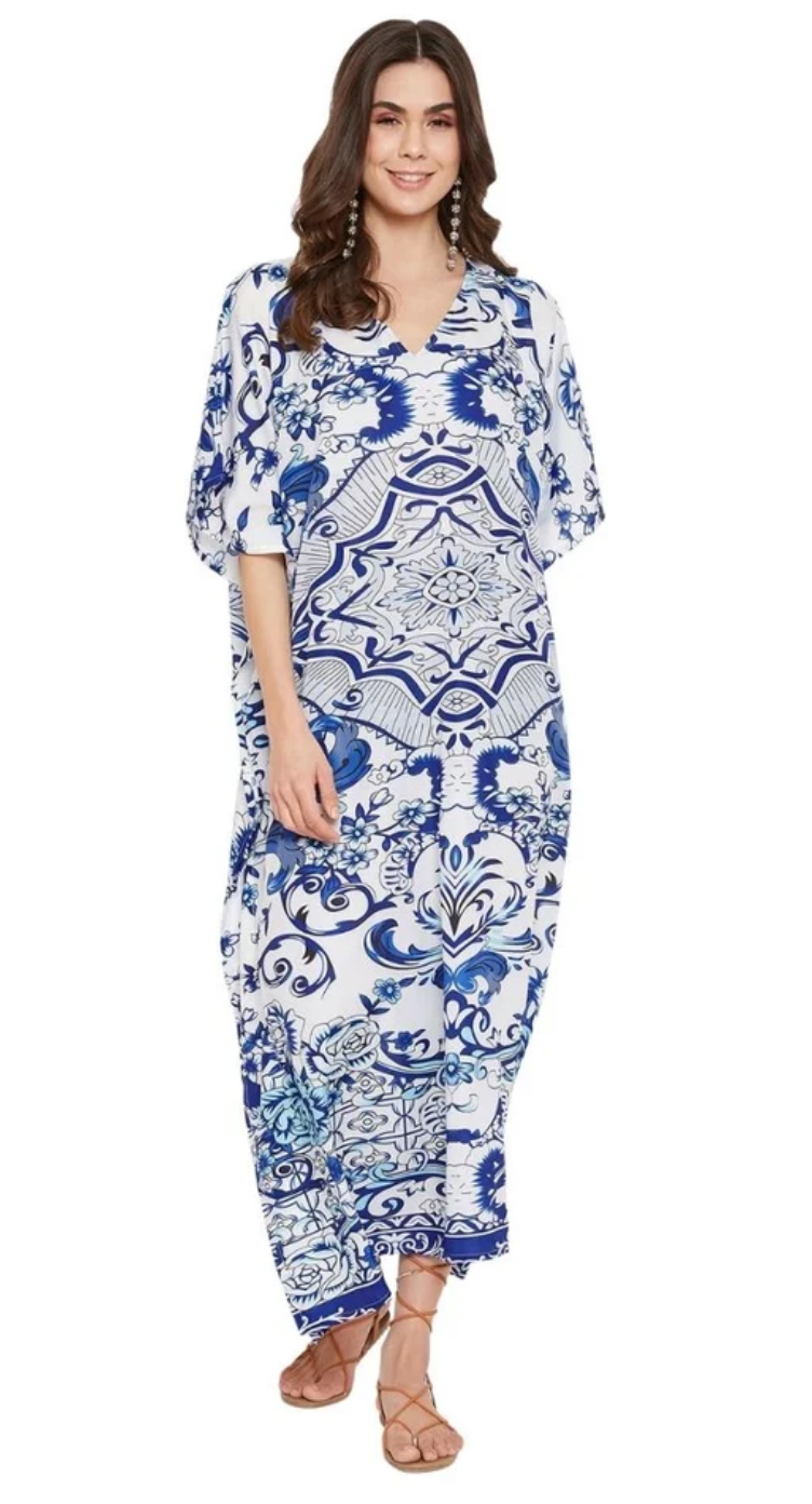 Floral Porcelain Damask Polyester Plus Size Kaftan for Women 1X-3X | GypsieBlu